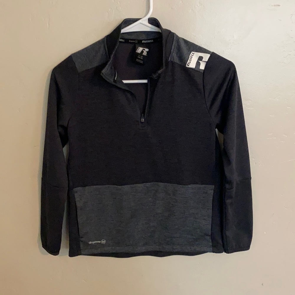Russell 1/4 zip pull over dark grey/light grey w/pockets size 10/12